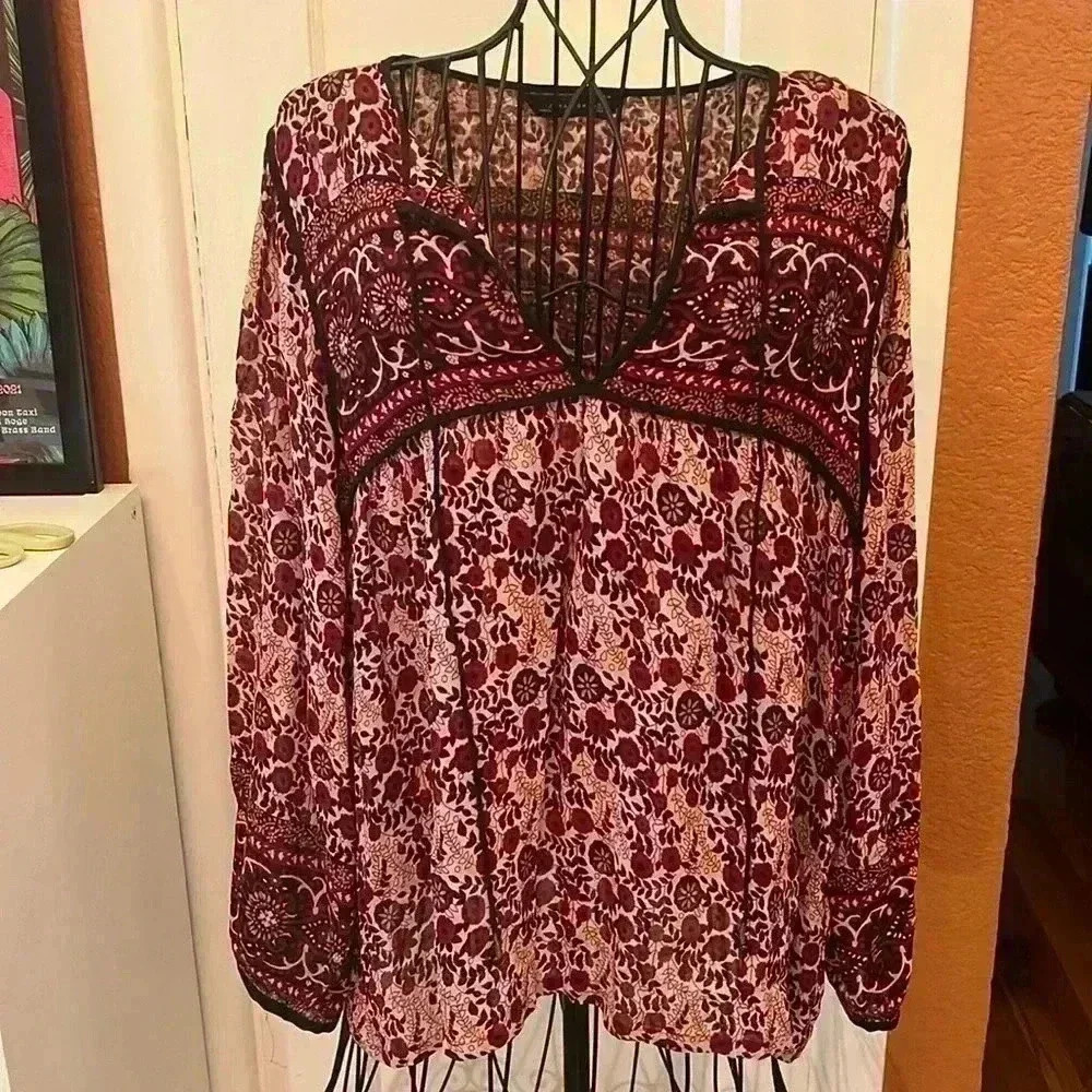 Zara Trafaluc Burgundy Beige Floral Printed Women's Blouse Sz-L